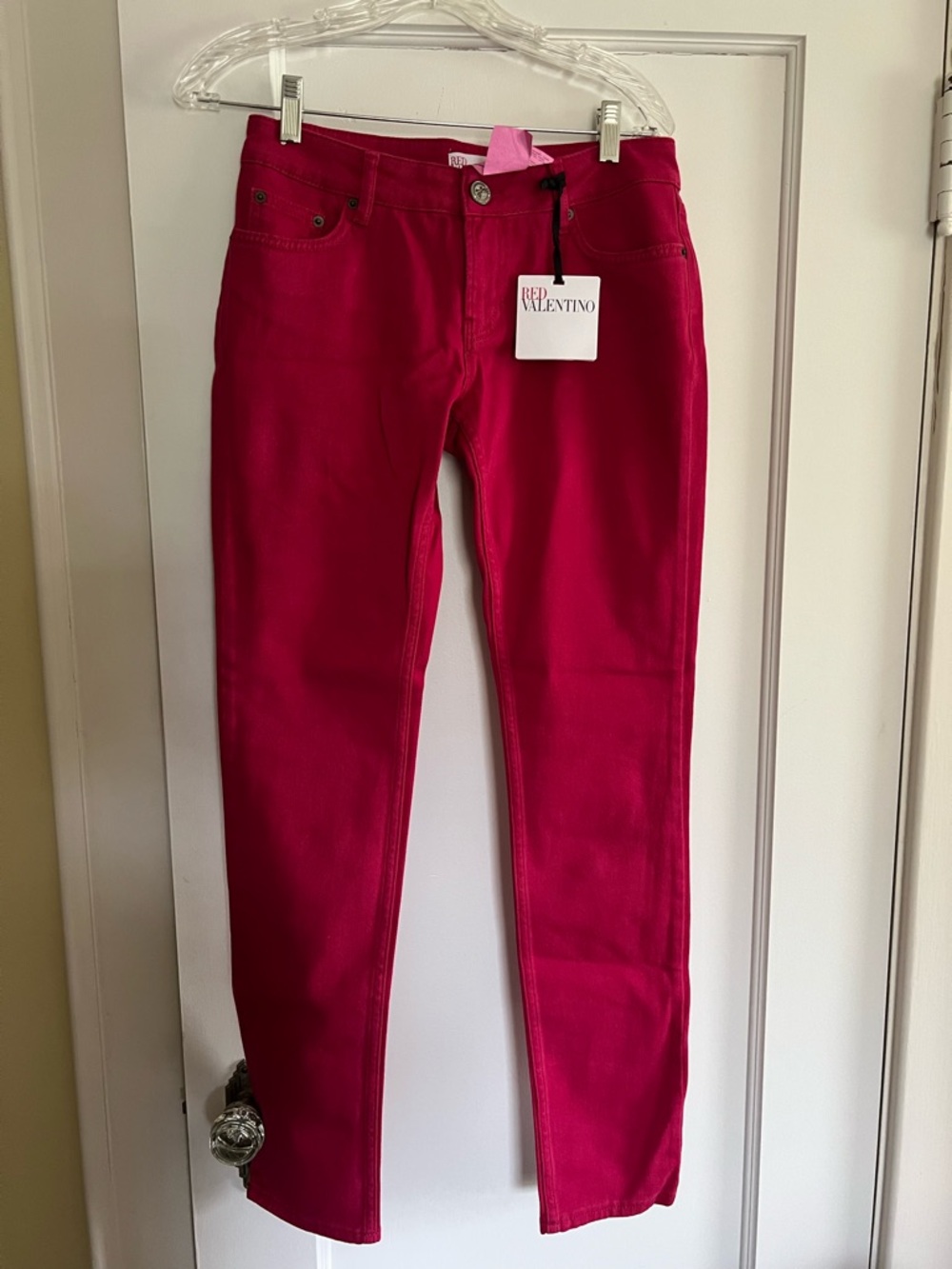 RED VALENTINO skinny bow pocket jeans cherry pink -28-NWT!